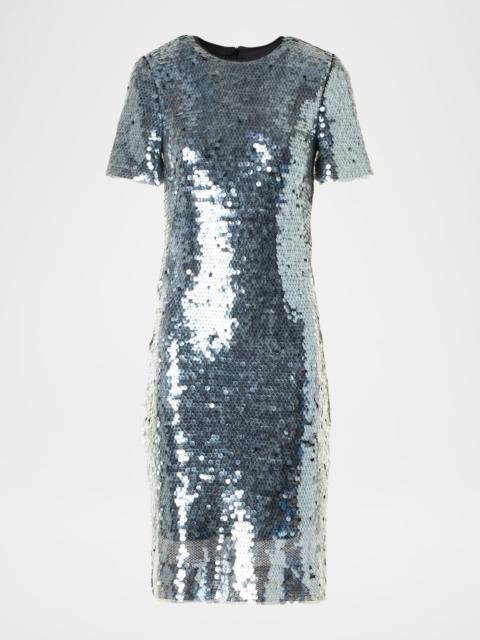 AKRIS Lucid Sequined Tulle Short-Sleeve Dress