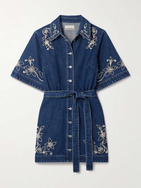 ALÉMAIS Carmen embroidered belted denim mini shirt dress