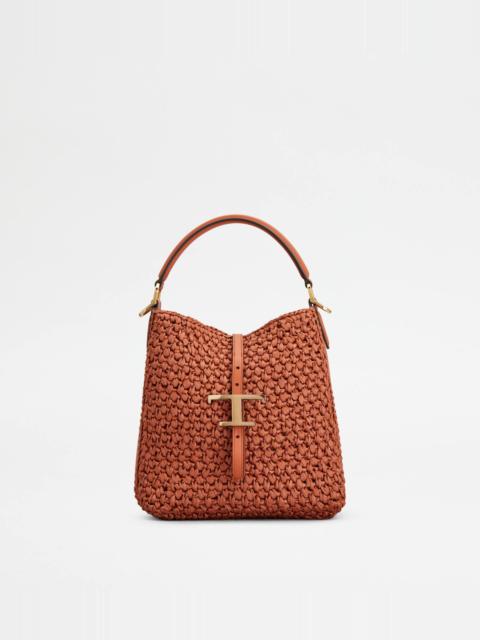 Tod's T TIMELESS BUCKET BAG IN RAFFIA AND LEATHER MINI - ORANGE