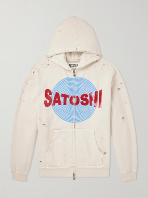 SATOSHI NAKAMOTO Motoslug Logo-Print Distressed Cotton-Jersey Hoodie