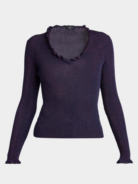 Etro Metallic Ruffle Rib-Knit V-Neck Top