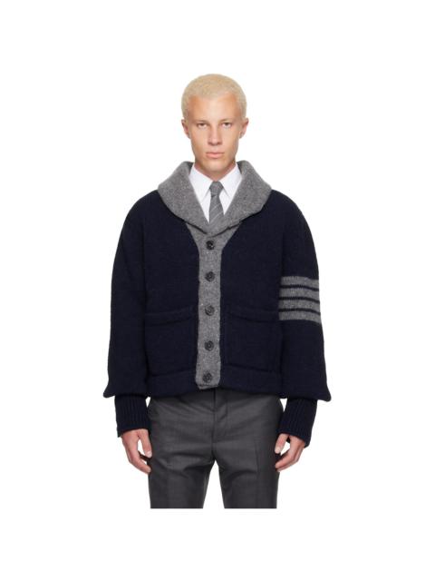 Thom Browne Navy & Gray 'Browne 65' Jersey Intarsia Shawl Collar Cardigan