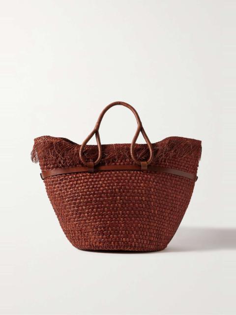 + NET SUSTAIN leather-trimmed fringed woven straw tote