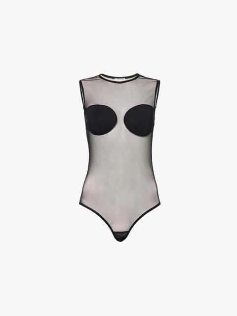 Moulded cups stretch-mesh bodysuit