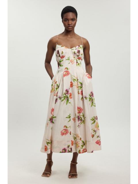 KAREN MILLEN Silk Cotton Floral Strappy Midi Dress