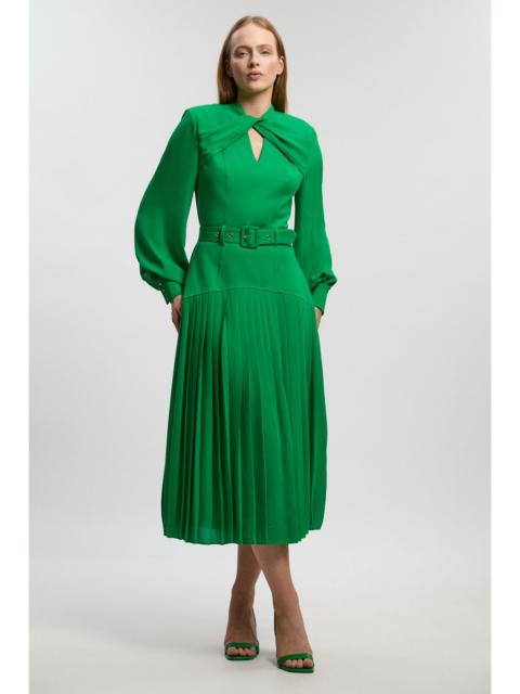 KAREN MILLEN Ponte And Georgette Mix Balloon Sleeve Cut Out Detail Pleated Maxi Dress