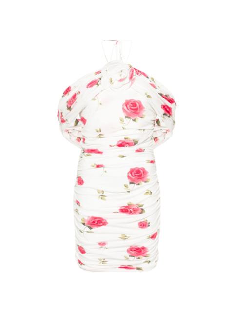 rose-print ruched minidress