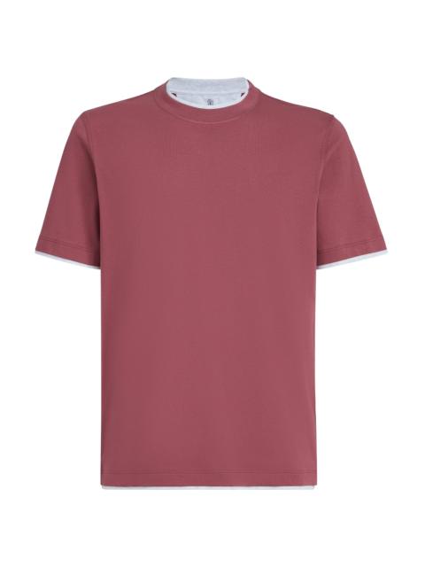 Brunello Cucinelli Men's Cotton Jersey Crew-Neck T-Shirt with Faux Layering - Coral