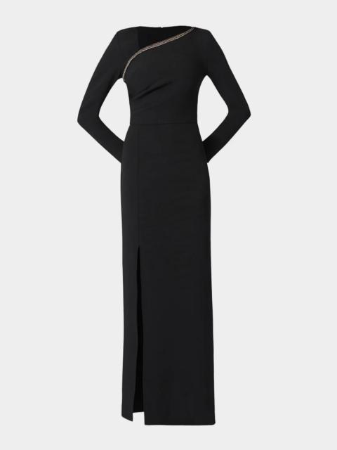 Shoshanna Macrae Crystal-Trim Crepe Column Gown