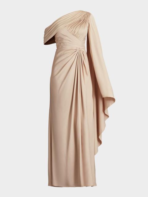TADASHI SHOJI Pleated One-Shoulder Cape Gown