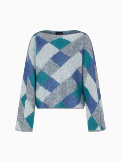 EMPORIO ARMANI BOAT-NECK JUMPER IN JACQUARD WOOL-MOHAIR BLEND WITH AN ALL-OVER PATTERN