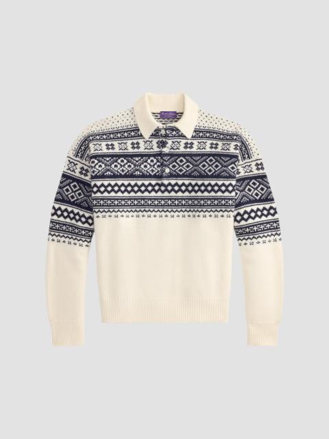 Ralph Lauren Men's Patterned Cashmere Polo-Collar Sweater - Cream Navy