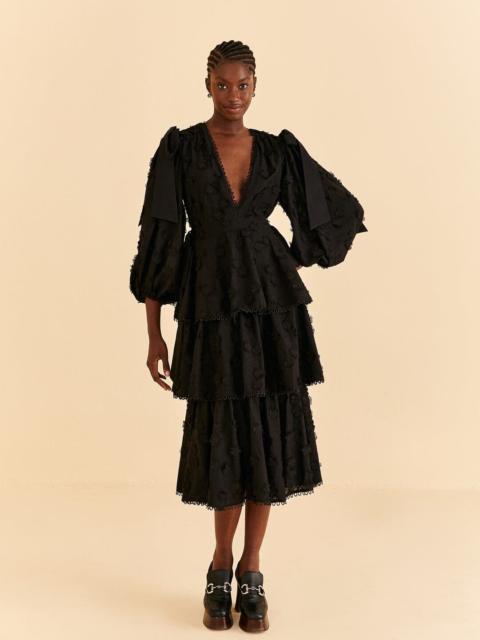 FARM RIO Black Flowers Textured Tiered Midi Dress