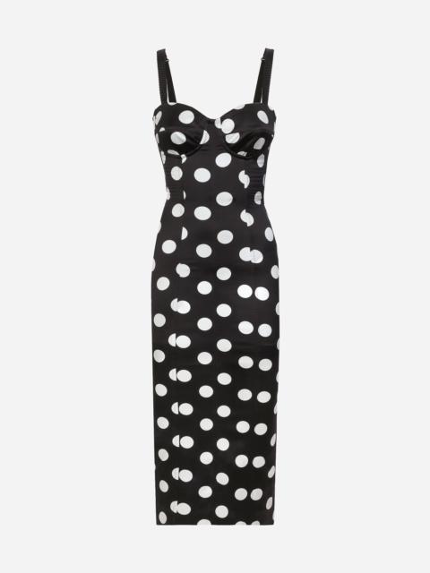 Satin midi dress with polka-dot print and corset details