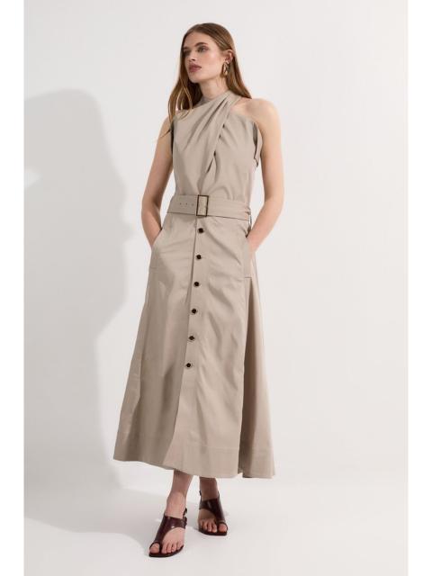 KAREN MILLEN Tailored Polished Cotton Belted Halter Full Skirted Midi Dress
