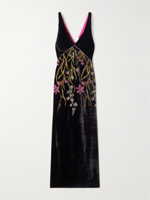 LORETTA CAPONI Zaffiro Embroidered Crystal-embellished Velvet Midi Dress