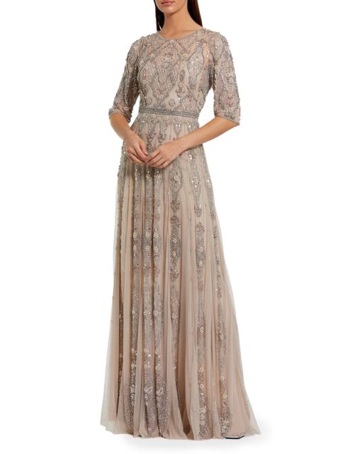 MAC DUGGAL Women's Three-Quarter Sleeve Embellished Mesh Gown - Vintage Lilac