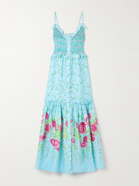 LORETTA CAPONI Bianca Embroidered Smocked Ruffled Floral-print Linen Maxi Dress