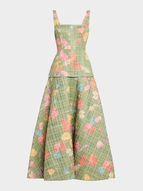 LELA ROSE Floral Raffia Drop-Waist Sleeveless Ankle Dress