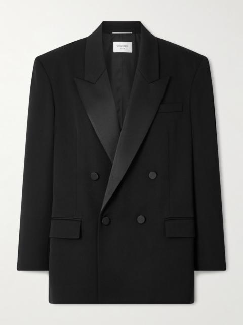 SAINT LAURENT Double-breasted Satin-trimmed Grain De Poudre Wool Blazer