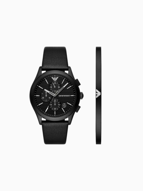 Chronograph Black Leather Watch and Bracelet Set