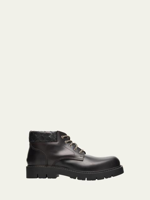 Bottega Veneta Men's Haddock Intrecciato-Collar Leather Lace-Up Boots