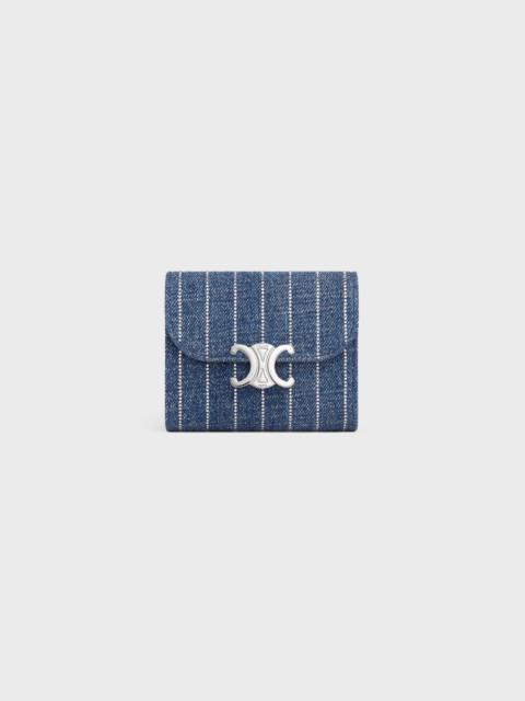 CELINE Small Flap Wallet TRIOMPHE IN STRIPED DENIM WITH STRASS