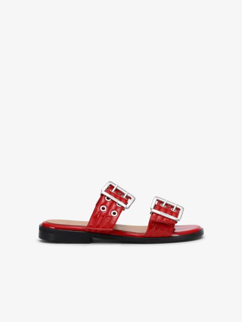 GANNI RED FEMININE BUCKLE TWO-STRAP SANDALS