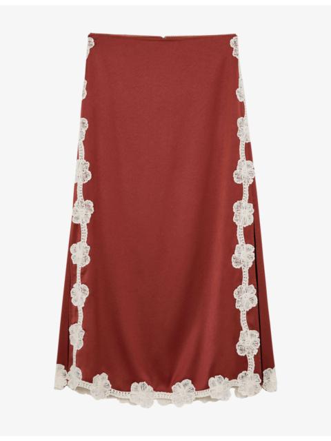 REISS Doa Floral-Lace Satin Midi Skirt