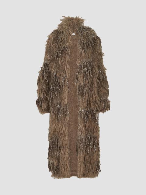 Brunello Cucinelli Women's Dazzling Moss Embroidery Long Cardigan in Mohair and Wool - Light Brown