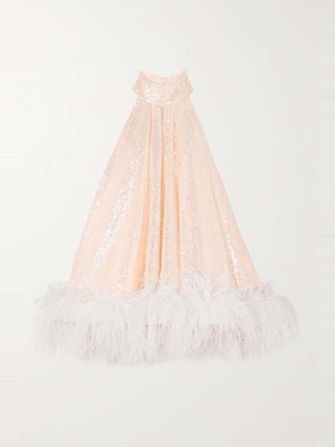16ARLINGTON Cindy feather-trimmed sequined tulle mini dress
