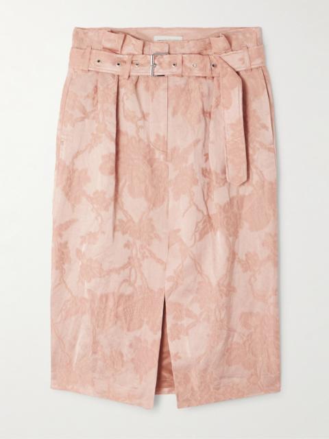 Dries Van Noten Belted Pleated Linen-blend Jacquard Skirt