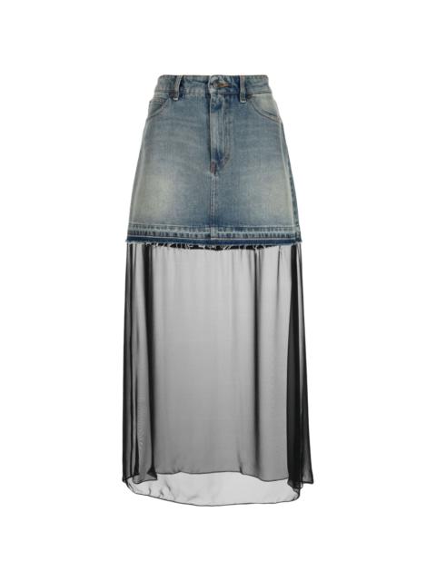 sheer-panel washed-denim skirt