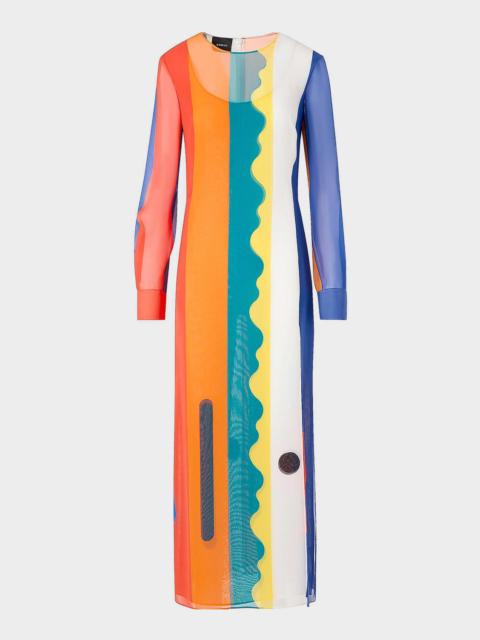 AKRIS Paravent-Print Silk Long-Sleeve Slits Maxi Dress