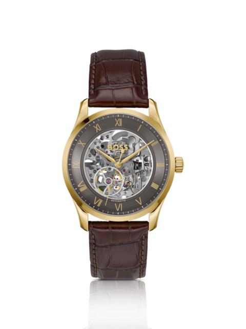 BOSS GOLD-TONE AUTOMATIC WATCH WITH SKELETON DIAL