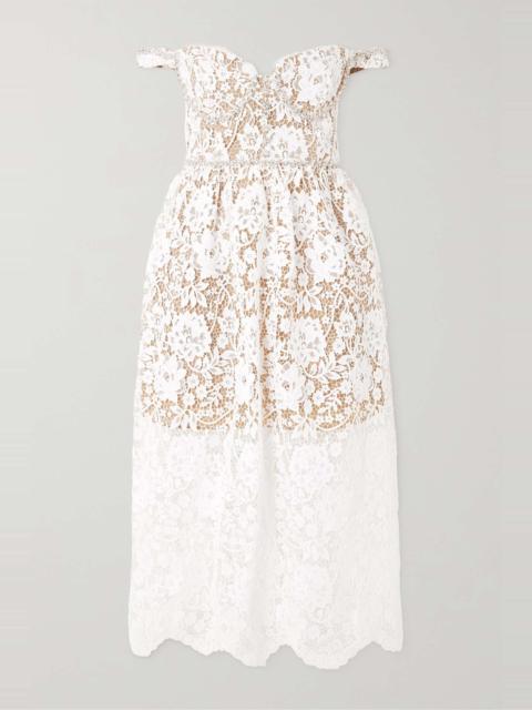 Off-the-shoulder crystal-embellished corded lace midi dress