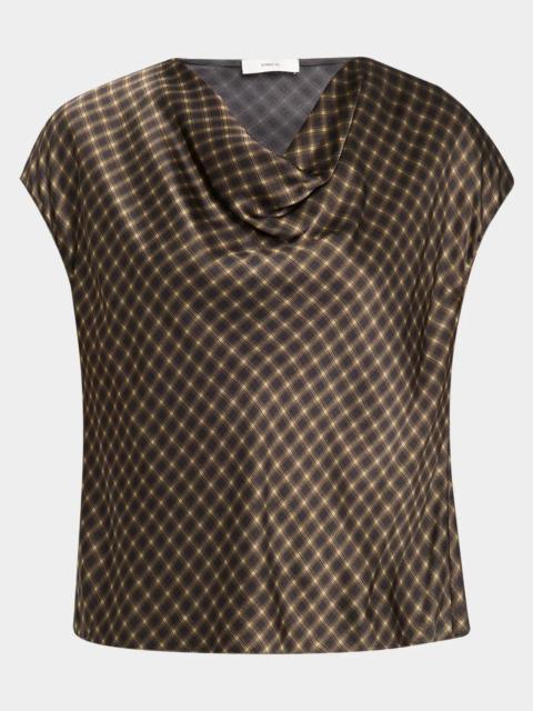 Vince Ombré Plaid Silk Satin Cowl-Neck Blouse