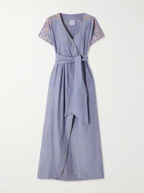 Thierry Colson Embellished Embroidered Cotton And Silk-blend Maxi Wrap Dress