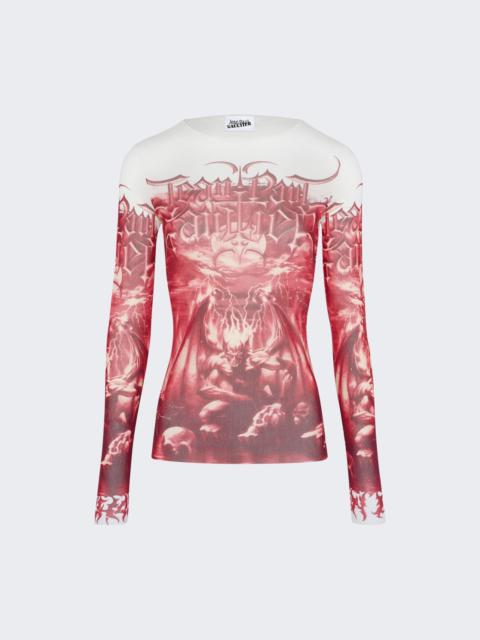 Jean Paul Gaultier TrÈs Gaultier #1 Diablo Printed Mesh Long Sleeve Top Red And White