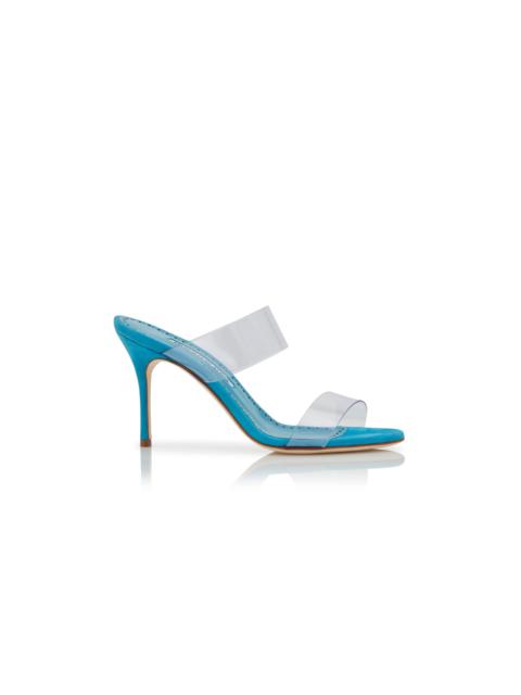 Manolo Blahnik Bright Blue Suede and ECO PVC Open Toe Mules