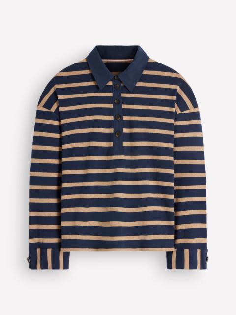 BODEN Collar Button Striped Breton-Navy and Camel Stripe