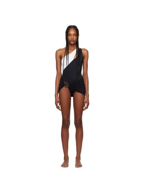 Balmain White & Black Asymmetric One-Piece Swimsuit