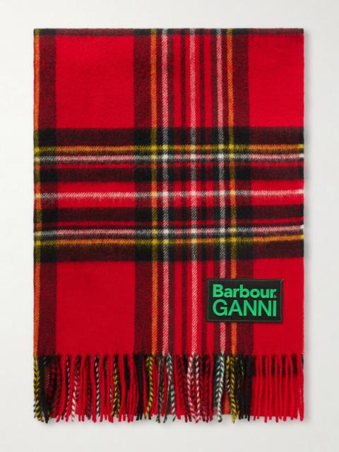 Barbour + GANNI fringed appliquéd checked wool scarf Red