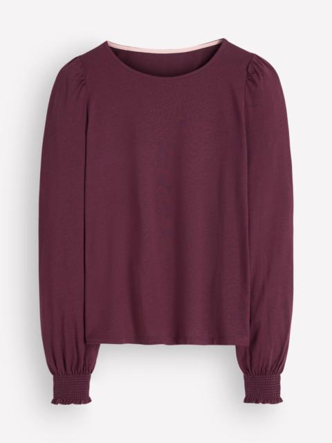 BODEN Smocked Cuff Supersoft Top-Dark Cherry