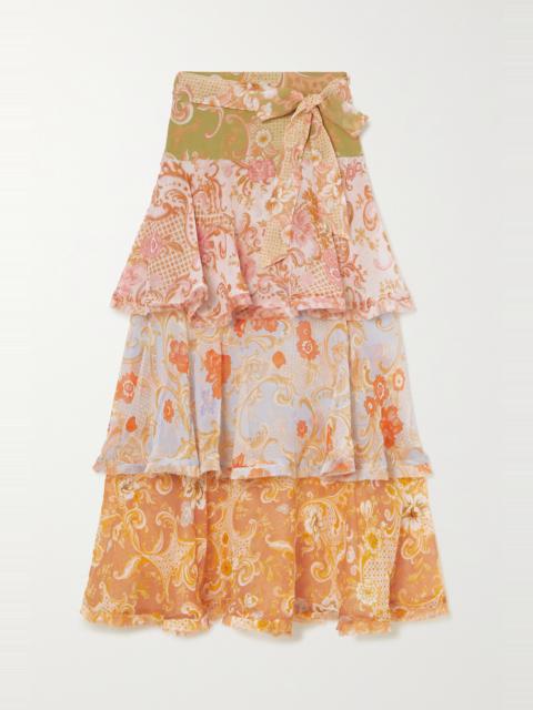 Zimmermann Postcard tiered printed cotton and silk-blend voile midi skirt