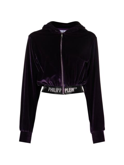 logo-embellishment velour hoodie