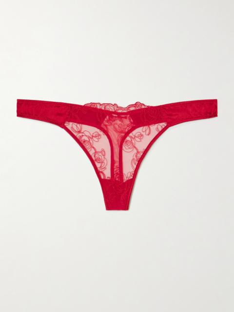 KIKI DE MONTPARNASSE La Rose Embroidered Tulle And Stretch-silk Charmeuse Thong