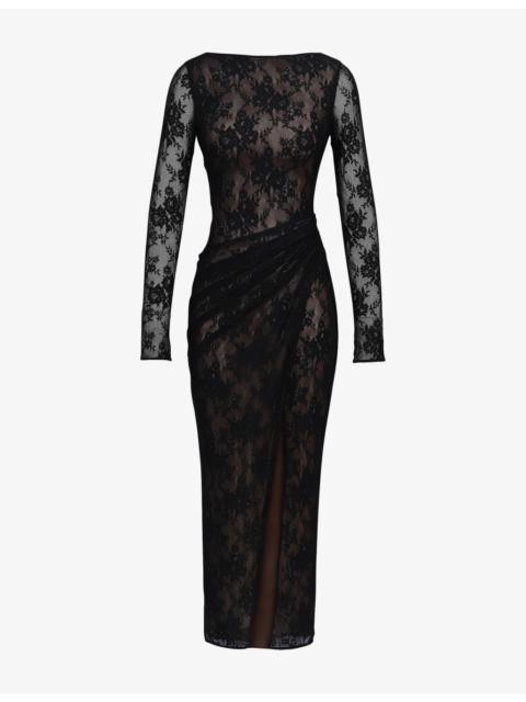 House of CB Sapphira Asymmetric Stretch-Lace Maxi Dress