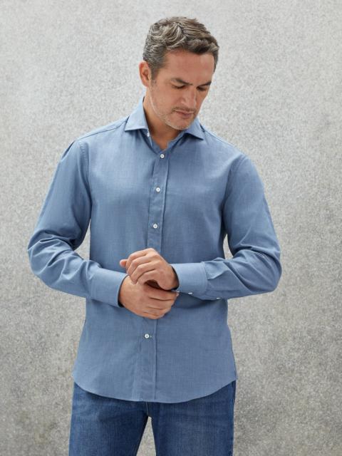 Denim-effect flannel slim fit shirt with spread collar