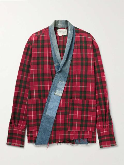Shawl-Collar Denim-Trimmed Checked Cotton-Flannel Cardigan
